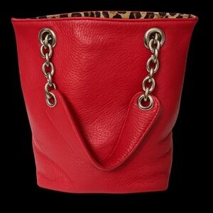 Maurizio Taiuti Italian Red Pebbled Leather Tote Bag with Leopard Lining